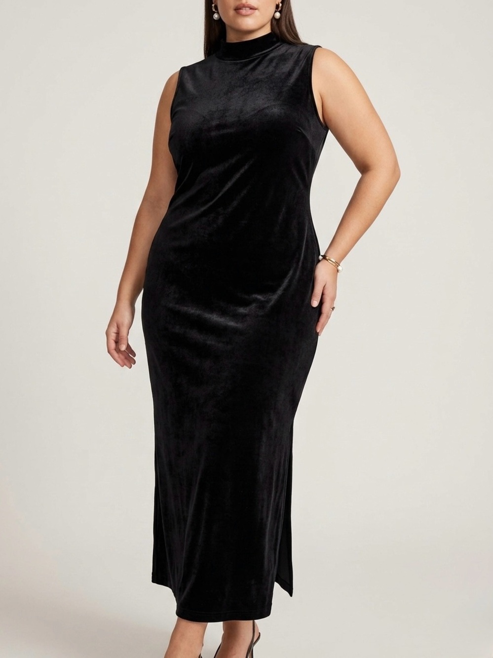 Harlow Black Velvet Sleeveless Pull On Sheath Mock Neck Maxi Dress Size 1X
